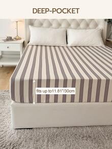 1pc 100% Cotton Fitted Sheet, Striped Washed Cotton, Natural Texture, Soft & Comfortable, Fits 30cm Thick Mattress, Unisex Dorm Bedding, School Dormitory Decor, Minimalist Bedroom Decor - Multicolor - View 4