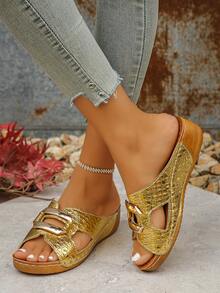 Giày sandal đế xuồng hở mũi thời trang mùa hè mới, cỡ lớn 36-45, đa năng, họa tiết da cá sấu vàng dập nổi, khóa kim loại, dành cho nữ, dép lê thoải mái, thích hợp cho hoạt động ngoài trời, đi biển, nghỉ mát, họa tiết ngẫu nhiên. - mẫu cá sấu vàng - Xem 6