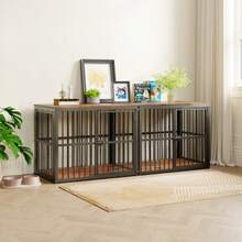 Modular Dog Crate Cabinet With 3 Doors, TV Stand Or 2-In-1 Bedside Table, Waterproof Board, Combinable System, External Dimensions 84x56x66 Cm In Retro Brown - Black - View 6