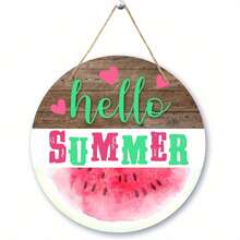 2D Flat, 2D Flat Hello Summer Door Sign, Watermelon Front Door Decoration, Front Porch Outdoor Beach Sign, Round Welcome Summer Hanging Decoration With Rope, Watermelon Enthusiast Gift, Summer Party Decoration, Outdoor Decoration, Seasonal Home Decoration, Festive Sign, Classic Design, Durable Material, Lightweight Decoration, Porch Decoration, Home Decorator, Summer Enthusiast, 2D Flat - 彩色 - 查看 2