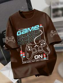 Boys' Teenager Game Style Letter & Gamepad Graphic Print Round Neck Short Sleeve T-Shirt, New Spring/Summer Children Graphic Tee - Brown - View 1