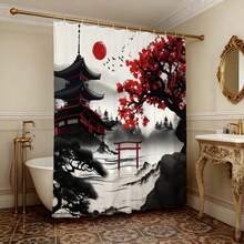 Tranh thủy mặc Nhật Bản, in hình cổng Torii đền thờ cây phong đỏ, chống thấm nước, chống nấm mốc, không cần khoan, rèm phòng tắm phong cách Zen. - Mực - Xem 2