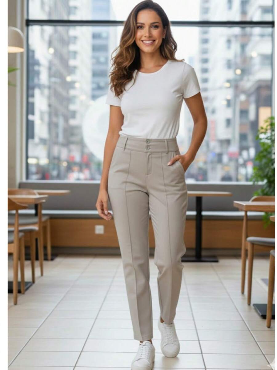 Women's Long Straight-Leg Trousers In A Cotton Blend With Pockets, Zip And Button Details, Slightly Stretchy Fabric. - 米色 - 查看 1