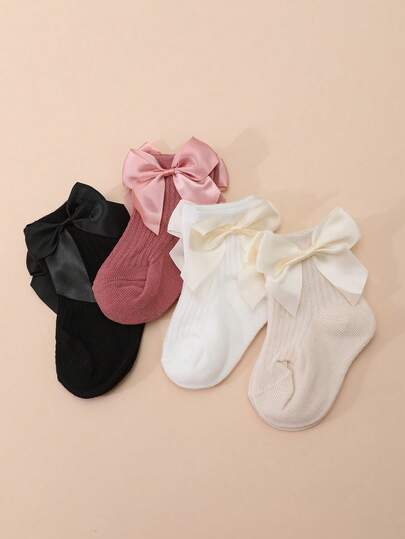 4 pares de calcetines básicos para niñas con decoración de lazo en unicolor, estilo princesa para uso diario
