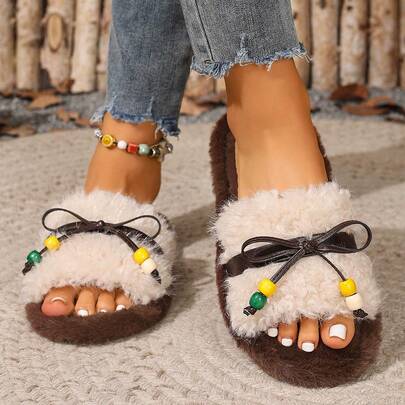 New Women's Plush Slippers, Faux Rabbit Fur Embroidered Floral Indoor Casual Autumn/Winter House Slide Slippers, Women's Warm Slippers