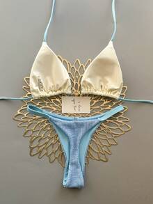 2pcs Casual Cute Elegant Sexy Bohemian Floral Tie-Up Braided Bikini Swimwear, Beach Vacation, Spring/Summer - Baby Blue - View 3