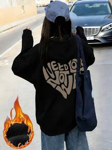 Printed Pattern Hooded Sweatshirt For Women, Loose Casual Versatile Black Pullover Top, Autumn/Winter - Black - View 1