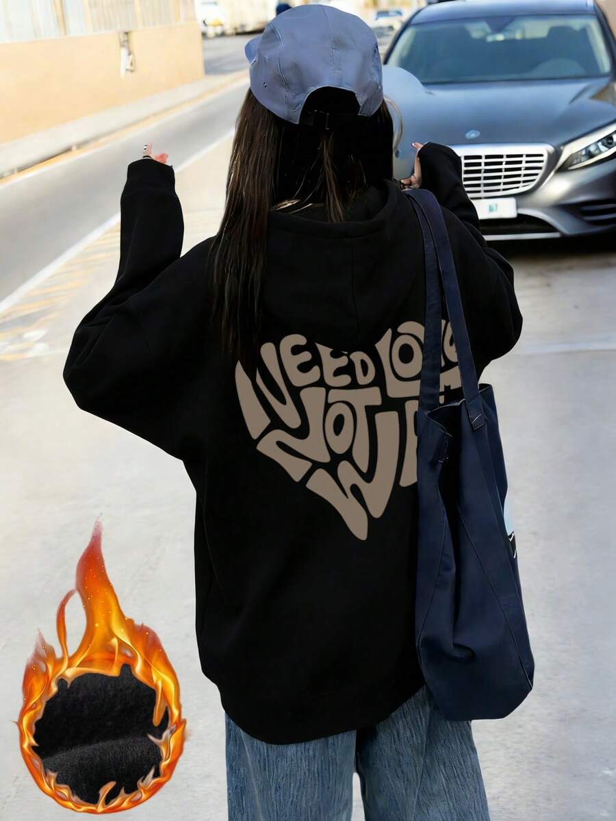 Printed Pattern Hooded Sweatshirt For Women, Loose Casual Versatile Black Pullover Top, Autumn/Winter - Black - View 1