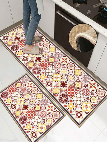 3,5 mm dicke Vintage Fliesenmuster Küchenmatte, weiches Gummi-Leinen-Material, saugfähig und leicht zu reinigende Bodenabdeckung, geeignet für Küche, Badezimmer, Waschraum, Eingangsbereich und mehr