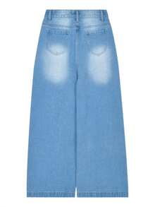 女士带口袋纽扣休闲百搭日常穿着阔腿牛仔裤 - 中等水洗藍 - 查看 4