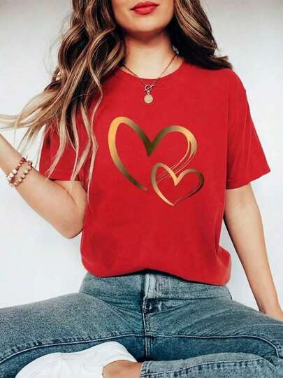 Camiseta grafica femenina mujer playera casual estampado corazon corazones dorados  uso diario dia noche san valentin dia de los enamorados material suave corte holgado cuello redondo manga corta