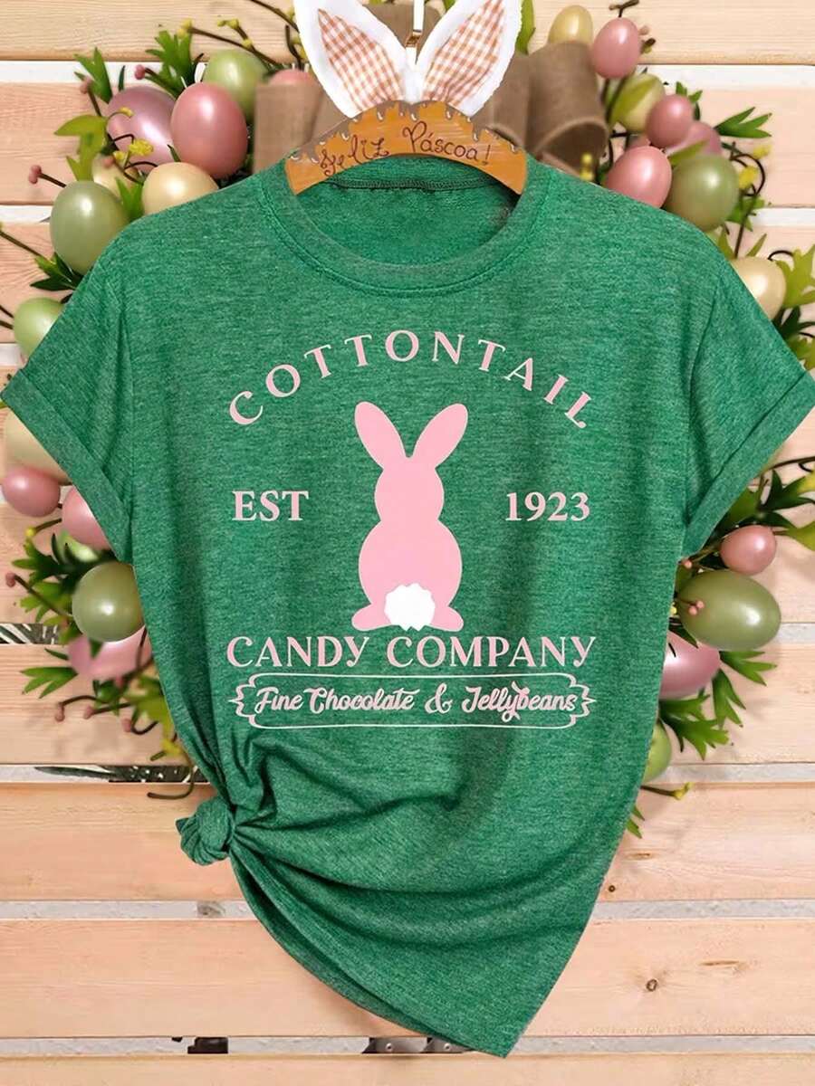 Cottontail Candy Company Retro Bunny Print Cute Festive Easter Graphic Tee Spring Casual Wear For Holiday Lovers &  Women Easter Essential Vintage Top 180g Women's T-Shirt - 綠色 - 查看 1