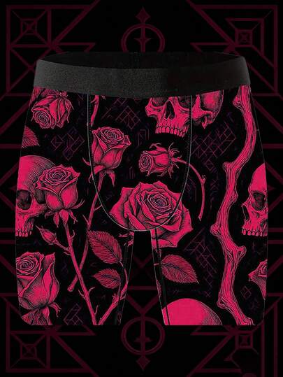 1条装俏皮可爱男士休闲平角内裤，玫瑰骷髅图案，酷炫印花，针织面料，透气吸湿，柔软亲肤，送给男友的完美情人节礼物，新奇男士短裤