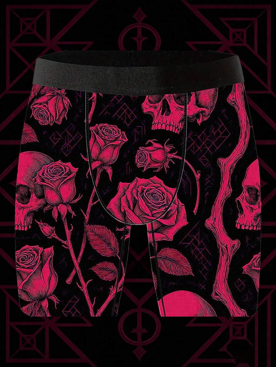 1 Pack Playful & Cute Men's Casual Boxer Briefs, Rose Skull Pattern, Cool Graphic Print, Knit Fabric, Breathable & Moisture-Wicking, Soft & Skin-Friendly, Perfect Valentine's Gift For Boyfriend, Novelty Men's Shorts - Multicolor - View 1