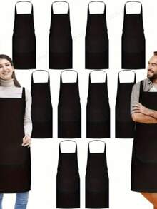 12 pièces/set Tabliers noirs, tabliers de cuisine unisexes avec 2 poches et sangle de cou réglable, convenant aux adultes pour la cuisine, la peinture, le barbecue, la cuisson, le jardinage - Taille unique - Voir 1