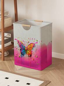 1 pieza Caja de almacenamiento con tapa abierta con estampado de mariposa, cesta de lavandería plegable con asa de madera, cesto de ropa sucia plegable para el hogar y el baño - Multicolor - Ver 10