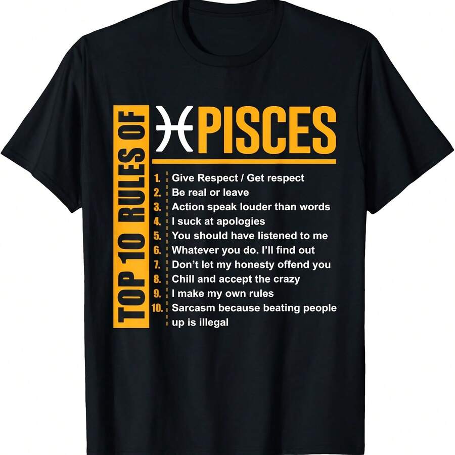 Camiseta con las 10 reglas principales de Piscis para cumpleaños - Negro - Ver 1