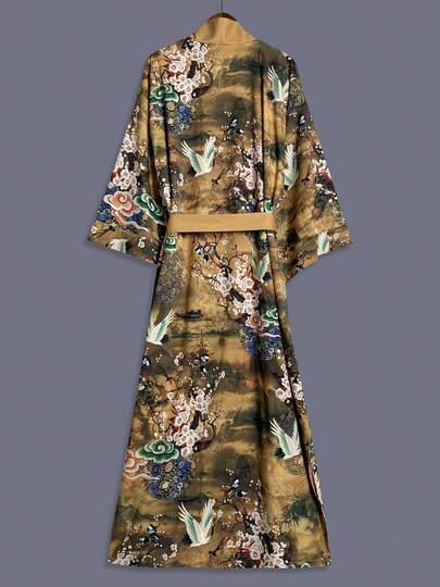 印花中长款长袖和服罩衫薄款外套，优雅休闲女式外套，适合海滩、旅行、度假，轻便羽织长袍配腰带