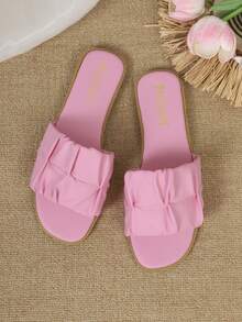 1 Pair Women's Summer Fashionable PU Pleated/Ruffle Edge Beach Sandals, Non-Slip Outdoor Slippers With Soft Soles And Open Toe, Casual Wear - Pink - View 7