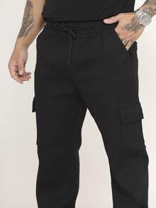 Men's Cargo Pants In Twill And Denim, Comfortable Oversized Casual Fit With 6 Pockets, Skate Style - Black - View 2