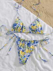 女士佩斯利柠檬印花性感挂脖系带比基尼两件套泳衣，休闲度假优雅沙滩泳装，采用高弹面料，双层透气面料，适合海滩度假、音乐节、情人节、女士海滩假日装扮、女士泳装、夏季假日装扮、女士比基尼 - 彩色 - 查看 3