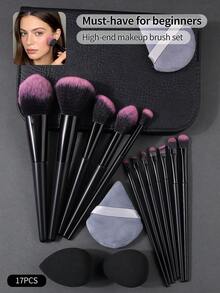 17pcs Professional Makeup Brush Set - High Quality Soft Hair Multi-Function Makeup Brushes + Fine Makeup Sponge + Fan Powder Puff + Zipper Pouch, Complete Makeup Tools - Black - View 9