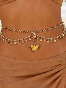 1pc Fashionable Versatile Bohemian Style Vintage Turquoise Pendant Waist Chain, Party & Daily Wear, Gift For Holidays - Yellow Gold - View 4