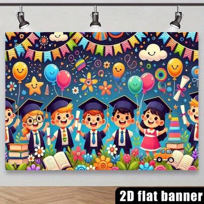2D Flat Banner1pc Birthday Party Background Banner - Colorful Cartoon Design Featuring Balloons, Flowers And Smiling Students Wearing Hats - Perfect For Taking Photos And Celebrating. Party Background, Celebration Atmosphere. Polyester Material, Suitable For Graduation Party Decorations.