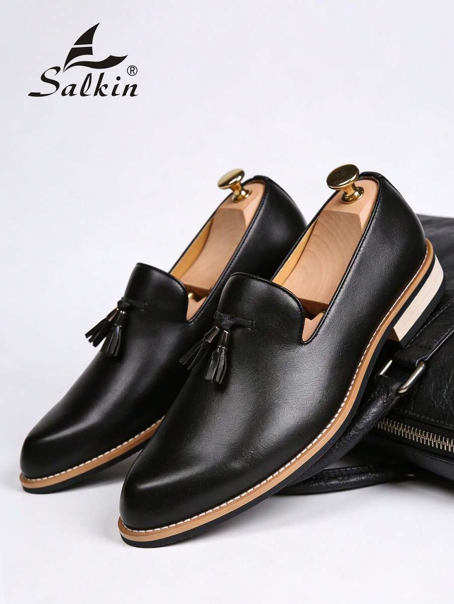 Salkin 经典复古设计师男士一脚蹬乐福鞋，优雅绅士流苏皮鞋，透气纯色，防滑耐用鞋底，适合休闲、商务、正式场合、毕业典礼、婚礼、春夏秋季，加大码