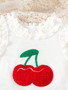 2pcs Girls Vintage Cute Cherry Embroidered Ruffle Trim Tank Top + Denim Skirt Outfit, Summer - White - View 4