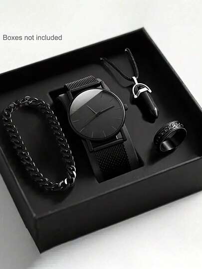 4/1pc Men's Fashion Casual Round Quartz Watch, Classic Business Design, Paired With Stylish Pendant Bracelet Ring Set, Suitable For Men's Daily Wear, Perfect For Vacation, Travel, Back To School, Party Decoration, Birthday/Holiday Gift, Valentine's Day, Father's Day Gift For Men