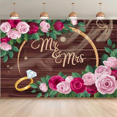 2Dflat, 1pc Warm Floral "Mr & Mrs" Pattern Backdrop For Photo Party Supplies, Event Decoration, Studio Props Backdrop, Suitable For Outdoor Indoor Decoration