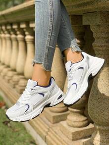 American Retro Contrast Color Running Shoes, Mesh Breathable, Thick Bottom Cushioning, Campus, Street, Daily Wear Template, Running Shoes To Grasp The Relaxation Feeling, 5cm High Casual Shoes - 藍色 - 查看 3