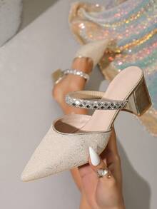 女士尖头高跟鞋，带踝带，粗跟，闪亮，休闲舒适凉鞋，春夏款 - 金色 - 查看 1