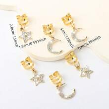 6pcs Eid Mubarak Rhinestone Star Moon Tassel Headpiece Set, Boho Cute Hip Hop Hair Clips, Headband, Hair Rings, Braided Rings, Eid Gift, Party Accessories - Gold - View 2