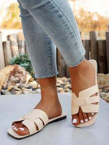 Women's Flat Slide Sandals, Snake Skin Pattern Square Toe, Fashion Wear With Dresses, Summer - Beige - View 4