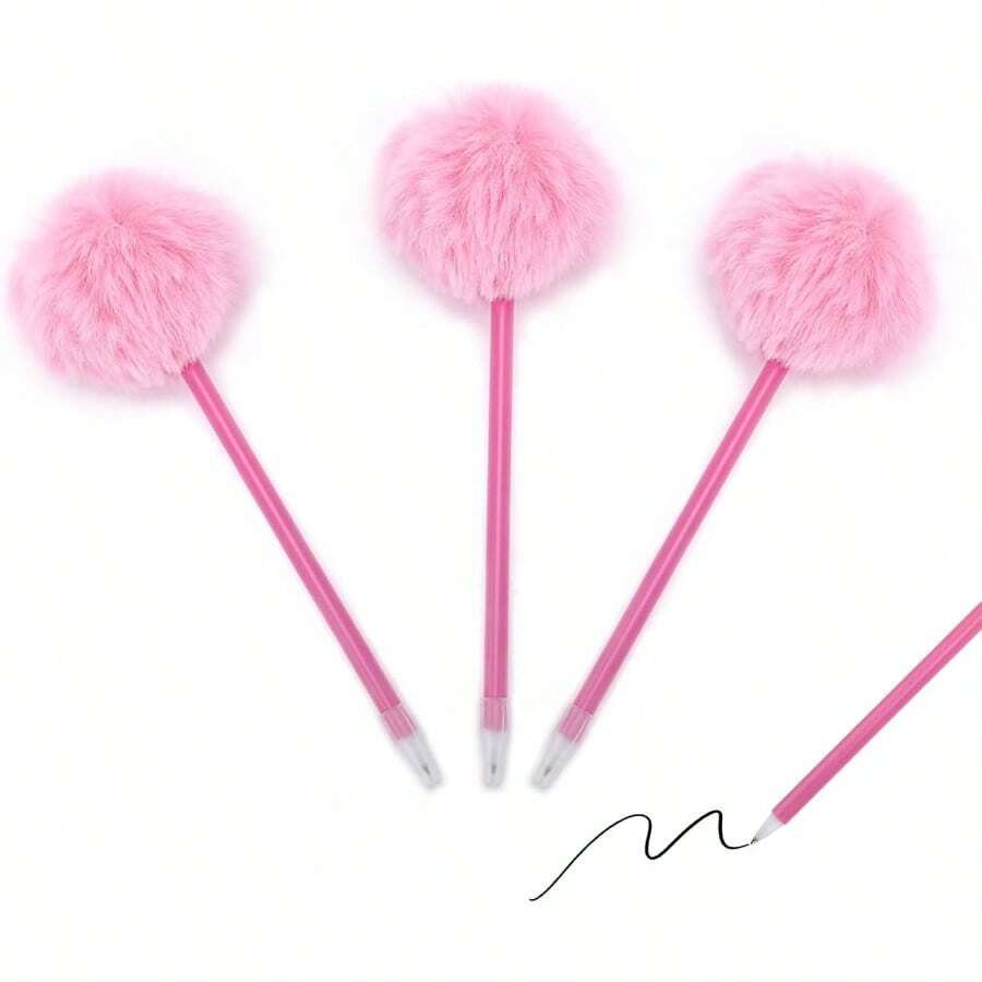 3PCS Pink Pom Pom Pen, Fluffy Ball Cute Plush Fuzzy Pens, Needle Gel Ink Pens, Fluffy Pompoms Plastic Rollerball Pen Cartoon Signature Ball Point Pens For Women Men Office Party Supplies - 最初的 - 查看 1