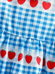 女童草莓格纹无肩带连衣裙，日常街头穿搭之选——清爽透气，超级可爱 - 藍白色 - 查看 6