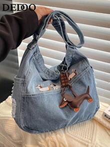 水洗牛仔布包，大容量斜挎包，学生包，日式帆布女包，韩版简约单肩包 - 霧霾藍 - 查看 9