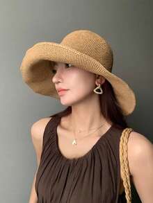 Sombrero de paja clásico, sombrero de sol de playa para mujer de primavera/verano, sombrero de cubo versátil, protección UV - Caqui - Ver 5