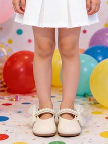 1 Pair New Baby Girls' Pearl Bow PU Hook And Loop Design Princess Style Flat Shoes, Pink, Suitable For Spring/Autumn - Beige - View 6