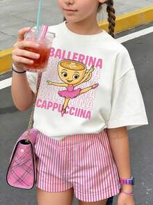 少女卡通图案印花圆领短袖T恤 - 白色 - 查看 1