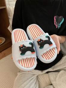 XIXITIAO 1双可爱趣味红帽黑猫蕾丝条纹可拆卸鞋垫软底拖鞋，舒适轻便创意家居拖鞋 - 藍色 - 查看 8