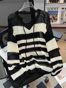 女士条纹镂空针织套头毛衣，系带设计，休闲宽松长袖轻薄防晒上衣，时尚百搭，夏季必备 - 黑色 - 查看 2