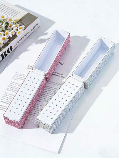 Caja de cabezal de pulido de acrílico con incrustaciones de diamante de imitación, soporte de broca de diamante de imitación, tecnología de arte de uñas, caja de almacenamiento de brocas de uñas, caja de herramientas de exhibición a prueba de polvo. Caja de almacenamiento de herramientas de lijado de uñas, caja de almacenamiento de piezas, almacenamiento de herramientas de técnico de uñas profesional, piezas de uñas, esencial de viaje, Día de San Valentín