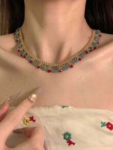 1pc Handmade Multi-Layer Beaded Necklace, Choker Necklace - Blending Vintage And Bohemian Style, Women's Jewelry, Women's, Elegant Fashion Accessory Suitable Parties And Various Formal Or Semi-Formal Social Occasions - 粉色 - 查看 4