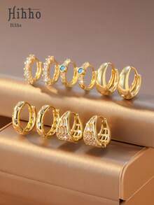 Hihho 5对装奢华创意闪亮镶嵌简约圈形耳环套装，多款优雅女士时尚耳环，适合日常、约会、派对佩戴，亦可作为节日礼物、情人节礼物。 - 耳圈套裝 - 查看 13