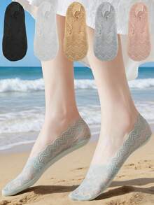 5/10 Pairs Transparent Lace Boat Socks Women Summer Thin Silicone Non-Slip Invisible Lace Sock Sweat Absorbing Breathable And Non Shedding - Multicolor - View 1
