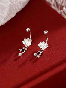 925纯银莲花流苏耳环，简约优雅耳钩，圆形珠子螺丝耳环，礼品 - 蓮花銀色 - 查看 4