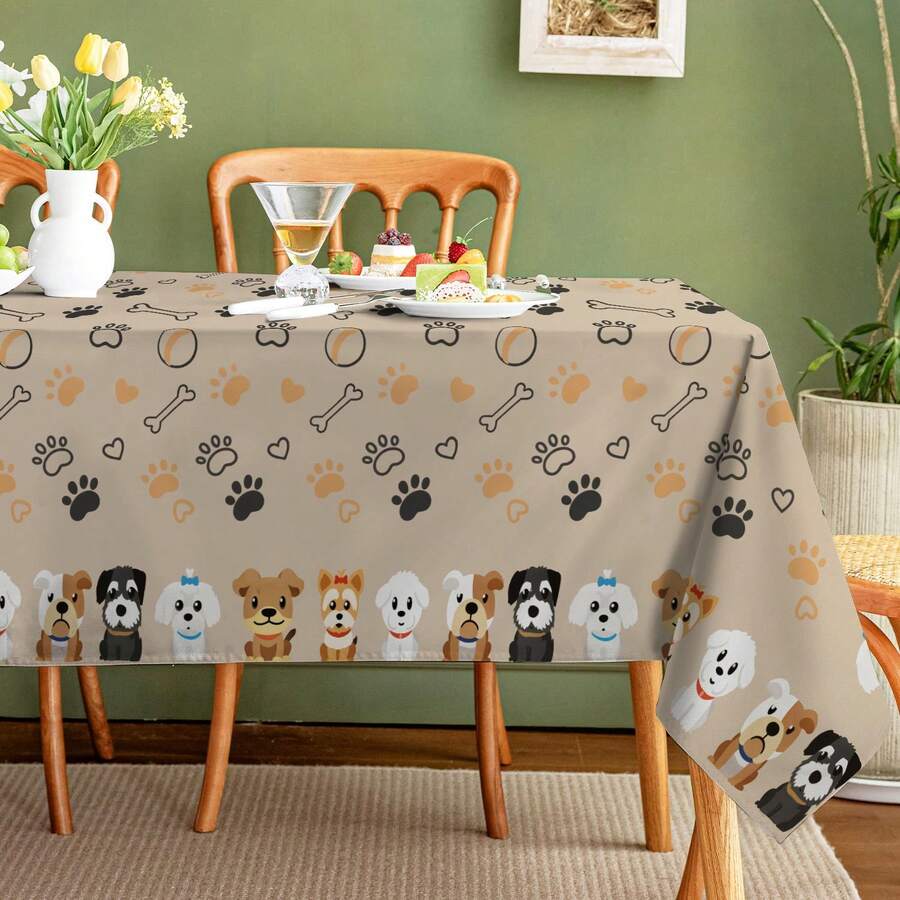 1 Stück Tischdecke für Hundeliebhaber mit Hundepfoten-Allover-Muster, lustiger haustierfreundlicher Küchendekoration Tischdecke - Khaki - Übersicht 1